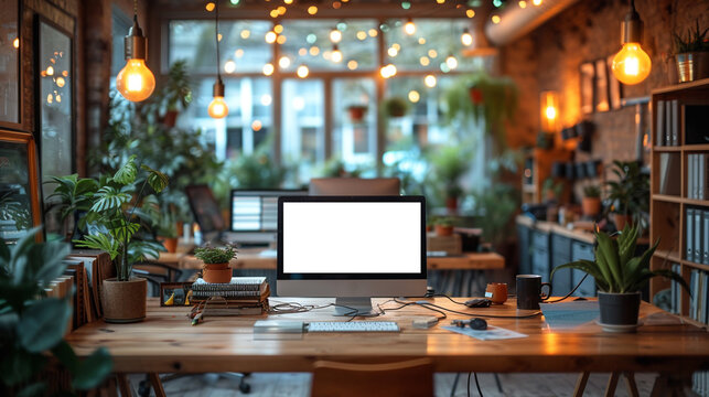 Monitor or computer with white blank screen on desk with space for text or graphics