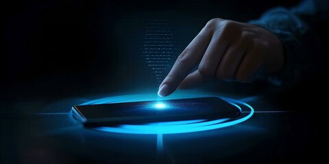 Aufkleber - Futuristic interface interaction, hand touching holographic display. high-tech gadget use concept. user engaging with advanced technology. AI