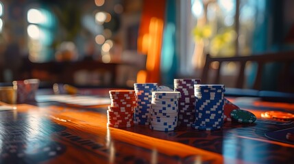 Wall Mural - Poker chips stacked on a table in a vibrant casino environment. low light, shallow depth of field for atmospheric feel. gaming and gambling concept. AI