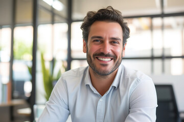 Closeup confident businessman professional in office environment smiling at camera