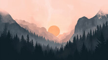 Illustration Of A Serene Sunset In Misty Mountains With Pine Tree Silhouettes, Modern Monochrome Style