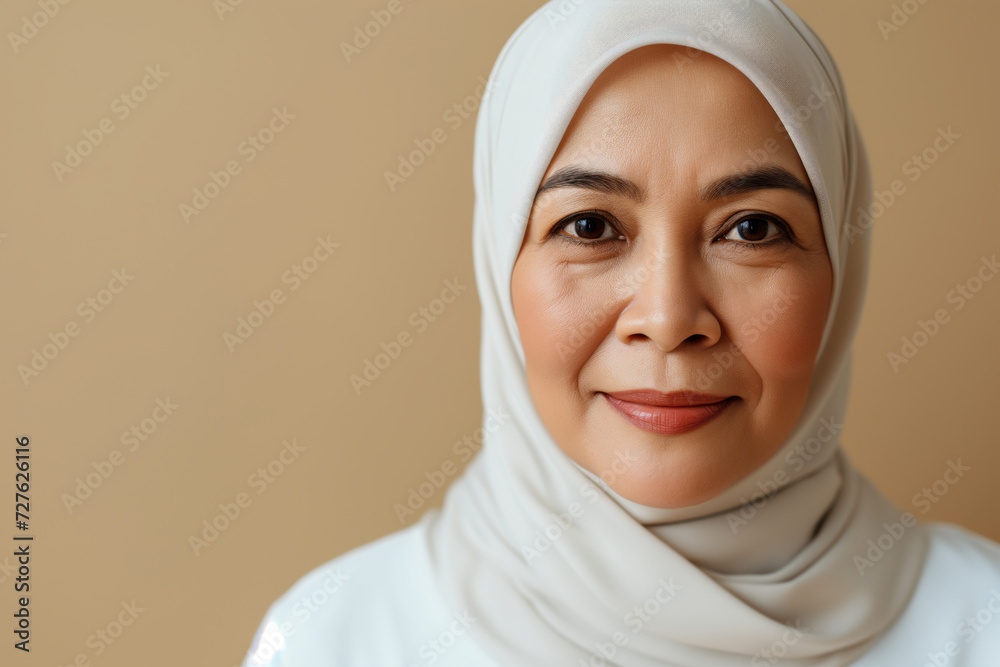 Smiling mature Malay woman in hijab with copy space Stock Photo | Adobe ...