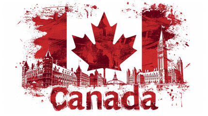 Wall Mural - Travel to Canada country illustration background with a mix of Canadian flag colors and architecture of Canada isolated on white backdrop