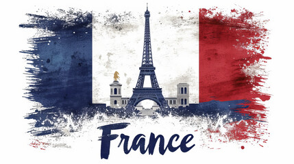 Wall Mural - Travel to France country illustration background with a mix of French flag colors and architecture of France isolated on white backdrop