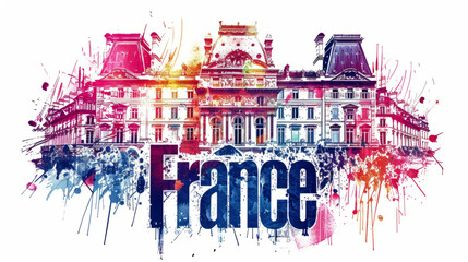 Wall Mural - Travel to France country illustration background with a mix of French flag colors and architecture of France isolated on white backdrop