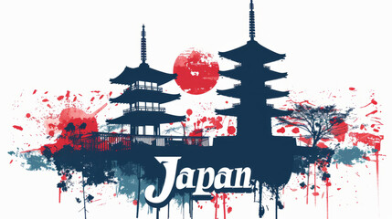 travel to japan country illustration background with a mix of japanese flag colors and architecture 