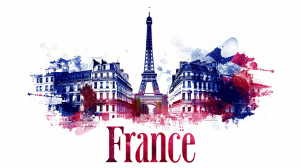 Wall Mural - Travel to France country illustration background with a mix of French flag colors and architecture of France isolated on white backdrop