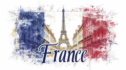 Wall Mural - Travel to France country illustration background with a mix of French flag colors and architecture of France isolated on white backdrop