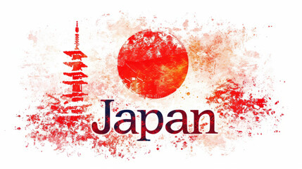 Wall Mural - Travel to Japan country illustration background with a mix of Japanese flag colors and architecture of Japan isolated on white backdrop
