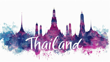 Wall Mural - Travel to Thailand country illustration background with a mix of Thai flag colors and architecture of Thailand isolated on white backdrop