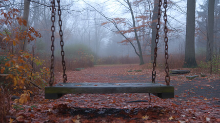 Wall Mural - close up of an old swing on chains in an autumn gloomy park, a reminder of past fun times