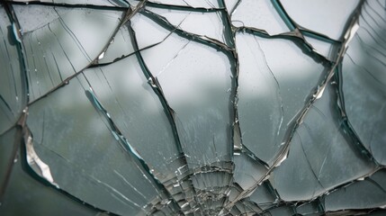 Closeup broken mirror with cracks and fragments. Broken glass with reflection