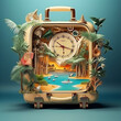 vacation travel time banner, open travel suitcase with exotic destination inside with copy space area Job ID: ab295aac-c4a1-47a4-a991-eb623f3e4b53