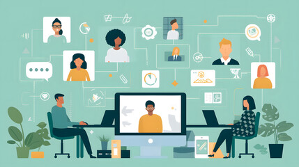 Wall Mural - illustration of office business people working with online network connections