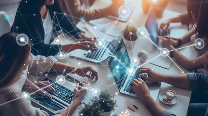 illustration of office business people working with online network connection effect