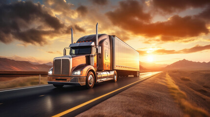 Stunning image of a semi-trailer driving down the highway during sunset. This painting captures the beauty of the golden hour and the feeling of movement on the road. Road transportation concept.