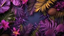 Tropical Background. Vibrant Display Of Tropical Flora, Featuring The Textures And Patterns Of Coconut, Fern, Monstera, And Banana Leaves, Accented With Purple Hues