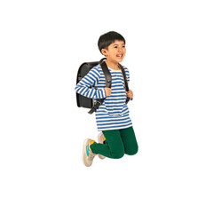 Aufkleber - ランドセルを背負って笑顔でジャンプする小学生の男の子　手作業で精密に切り抜いた背景透過全身写真PNG