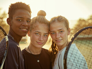 Portrait of three diverse young teen tennis players looking at camera and smiling at the tennis court at sunset. Sport workout.