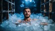 A handsome young man is swimming in a tub with ice cubes. Health, water therapy, tempering concepts