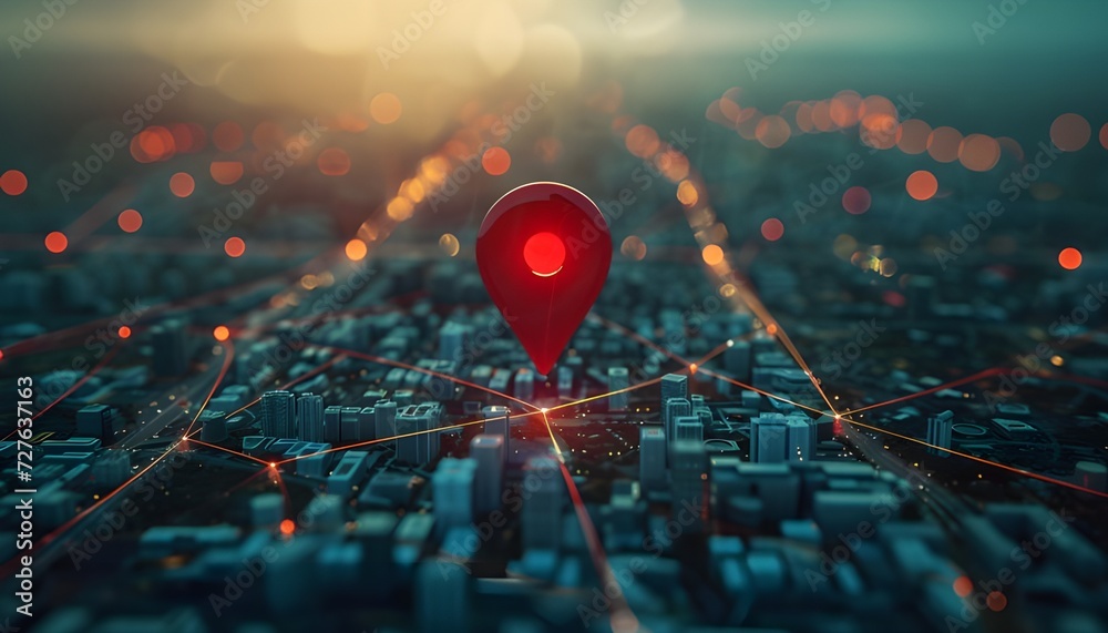Red map pin in cityscape and network connection, indicating the city ...