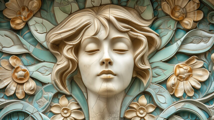 Wall Mural - Stone relief carving of a tranquil woman.