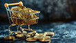 Golden coins in a miniature shopping cart, representing concepts of wealth accumulation, investment, financial planning, and economy