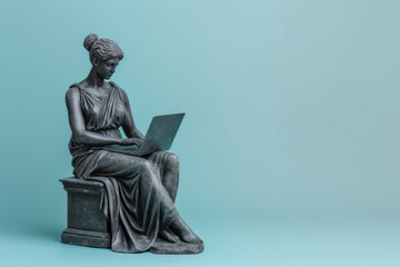 An ancient greek statue of black woman with afro hair working on a laptop in a stylish office. Carved from black obsidian. isolated on background. copy space