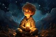 A boy holding a lighted candle and looking at the night sky.