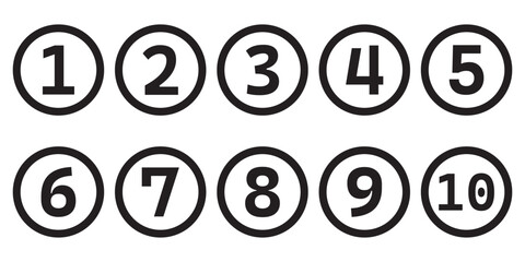 Numbers with long shadow on black circles set. Vector flat illustration.