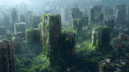 postapocalyptic urban jungleovergrown skyscrapers and reclaimed streets by nature a world where huma Generative AI