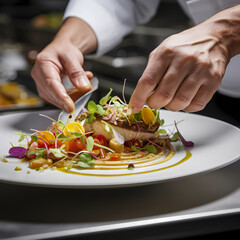 Wall Mural - A close-up of a chefs hands assembling a dish.