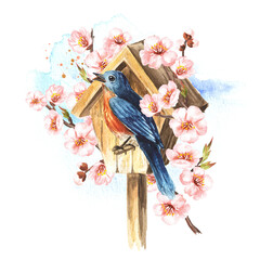 Wall Mural - Birdhouse with bird and spring flowers. Watercolor hand drawn illustration, isolated on the white background