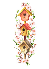 Wall Mural - Birdhouse and flowering branch. Spring concept. Watercolor hand drawn illustration isolated on white background