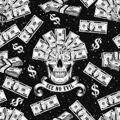 Wall Mural - Money pattern with skull with fan of 100 dollar bills, scattered banknotes, dollar sign. Creative interpretation of Three wise monkeys. Text See no evil. Corruption concept Vintage style. Not AI