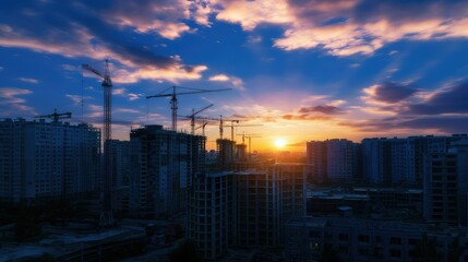 Wall Mural - construction site and sunset , structural steel beam build large residential buildings.