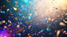 Abstract Festive Background With Glitter, Confetti, Ribbons And Free Place For Text. New Year, Christmas, Birthday, Holiday Celebration Banner