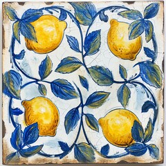 Mediterranean Italian tile with blue ornament, plants and basil leaves and yellow lemons, painted with paints