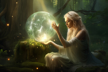 Magical moment with an elf creating a protective barrier using nature magic. Generative AI