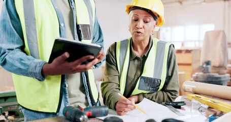 Poster - Tablet, construction and people with blueprint for planning, discussion and team meeting. Architecture, engineering and man and woman on digital tech for collaboration, maintenance and building