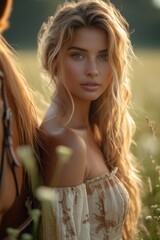 Canvas Print - Woman with long flowing hair gazes softly at the camera while standing in a sunlit field next to a brown horse during the golden hour near a rural area