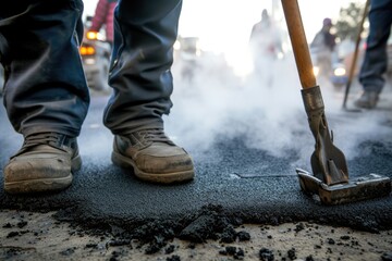 work shoes and tools repairing a city road, steaming asphalt