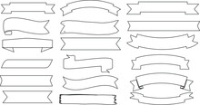 Banners, Ribbons Outline In Various Shapes Vector Illustration, Styles. Perfect For Product Labels, Awards, Decorations.  Monochromatic, Black Outlines On White Background