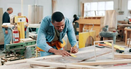 Poster - Carpenter, wood and measure with black man in workshop for manufacturing, planning and building. Hardware, remodeling and maintenance with person in small business for timber, factory and production