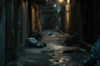Dark dangerous alley with homeless people
