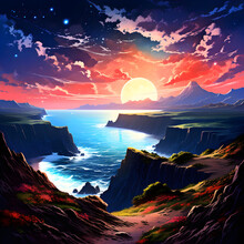 Beautiful Anime-style Landscape Painting Of A Red Sunset Behind The Mountains On A Tropical Rocky Craggy Beach