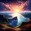 Beautiful anime-style landscape painting of the sun setting in a cloudy starry sky over a bay of craggy sheer cliffs and bluffs over the ocean 
