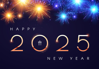 Wall Mural - Happy New 2025 Year shining design template with fireworks light effect. Christmas background.