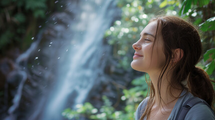 Woman smiling gently looking at a waterfall in the morning, dew still clinging to the leaves, creating a fresh and peaceful atmosphere, AI generated Images