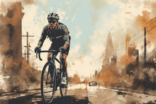 Professional Road Bicycle Or Gravel Bike Racer In Grunge Retro Drawing Style